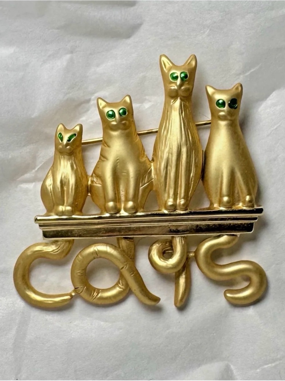 Vintage AJC Cat Family Brooch Pin Gold Tone Green Rhinestone Eyes Figural